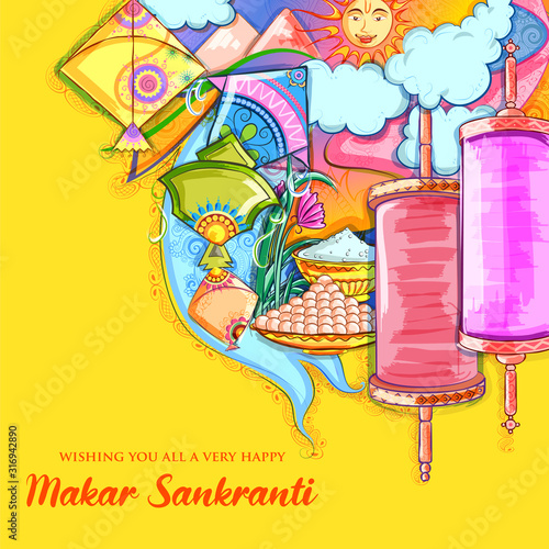 illustration of Makar Sankranti wallpaper with colorful kite for festival of India