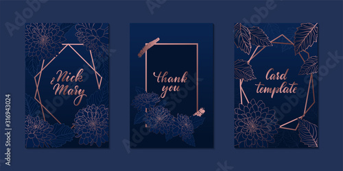 set of Luxury Wedding invitation card with gold geometric polygonal lines, outline pink gold chrysanthemum. design greeting card of wedding, birthday, Valentine Day, mother day, anniversary holiday.