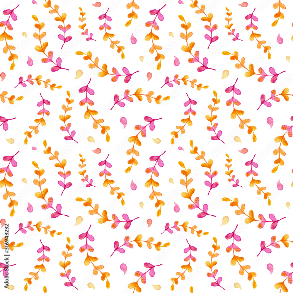 Cute watercolor seamless floral pattern; pink anfd orange leaves on white background