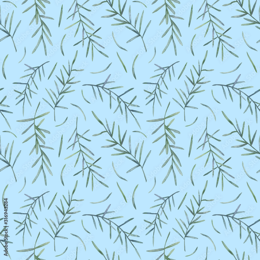 Cute watercolor seamless floral pattern; fir leaves and pine branches on blue background