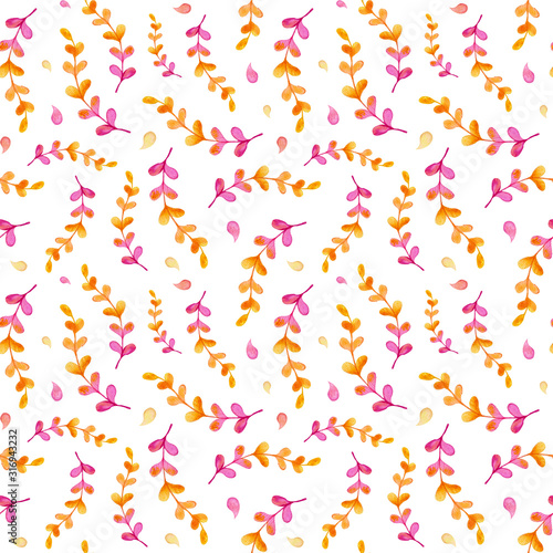 Cute watercolor seamless floral pattern; pink anfd orange leaves on white background