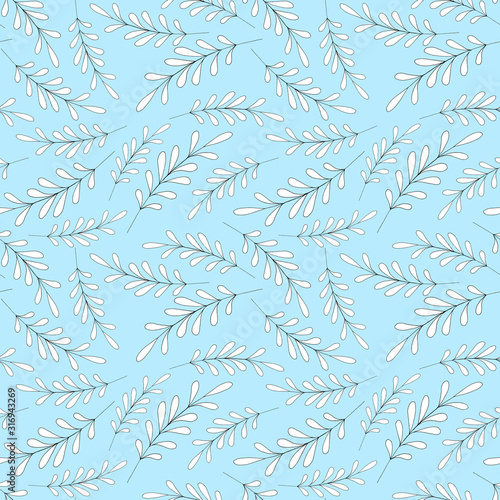 Fototapeta Naklejka Na Ścianę i Meble -  Cute hand drawn graphic seamless floral pattern; white cut paper leaves on light blue background