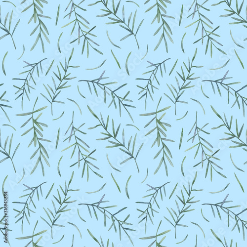 Fototapeta Naklejka Na Ścianę i Meble -  Cute watercolor seamless floral pattern; fir leaves and pine branches on blue background