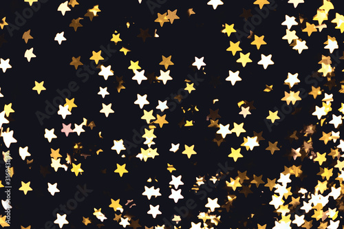 Festive overlay effect. Golden stars bokeh festive glitter dark background with copy space. Christmas, New Year, holidays and any other any purposes design.