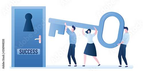 Businessmen with big key standing in front of door with keyhole. Business team holding the key to success.