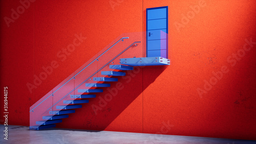 modern red building with outdoor stairs and door  3d rendering background