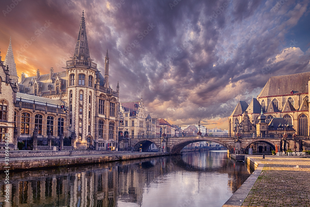 Embankment  along the Leie river  in the city of Ghent, Belgium