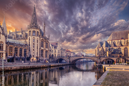 Embankment  along the Leie river  in the city of Ghent, Belgium