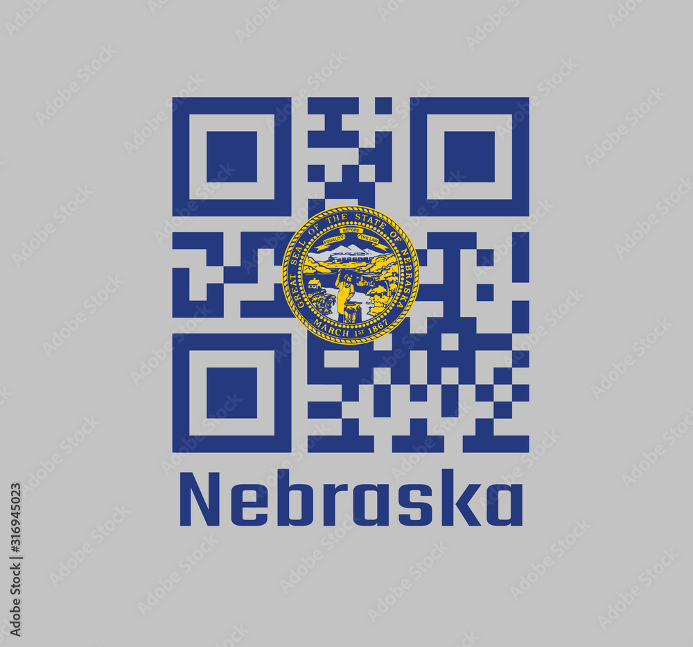 QR code set the color of Nebraska flag, Seal of Nebraska in gold on an
