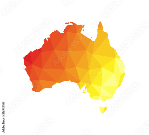 Vector isolated illustration of simplified polygonal map of Australia and Tasmania. Red orange, yellow colors. Bushfires as disaster in 2020. Dangerous emergency. Low poly design