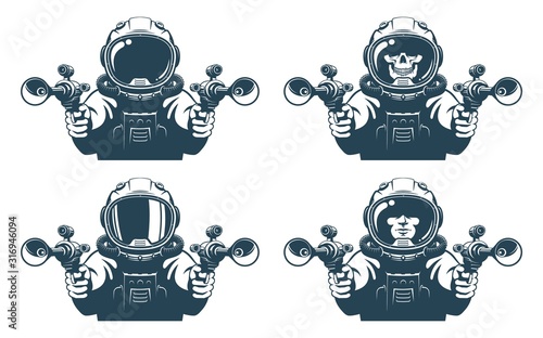 Astronaut with blasters in his hands. Space pirate with guns. Isolated vector illustration.