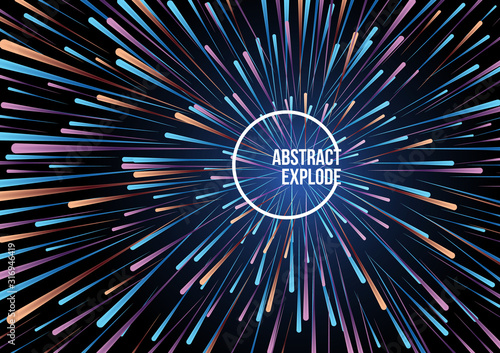 Abstract vector colorful line explode background in blue and orange color. Firework, particle, motion speed concept.