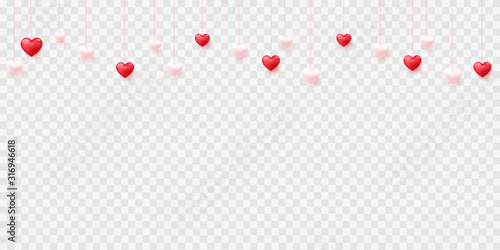 Hanging ping and red hearts on transparent background for Valentine's Day. Vector