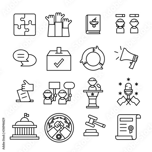 set of Politics, government, Voting and elections editable stroke line icons.Modern graphic design concepts, simple outline elements collection. 
