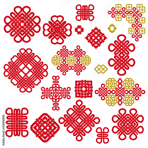 Red template symbols in chinese style. Ethnic ornament and eastern elements. Trendy print for design. Vector set.