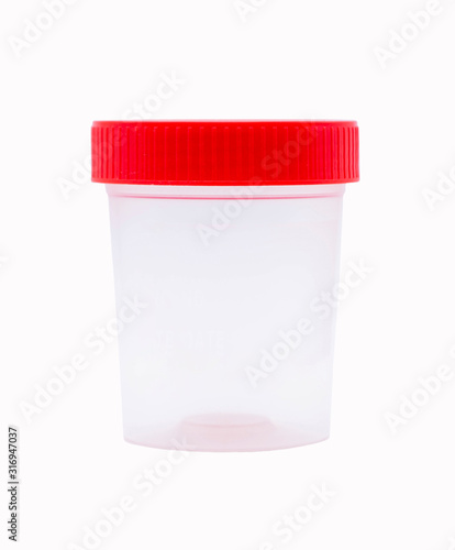 empty plastic jar with a red lid for medical tests and material collection, on a white background. Medicine, and laboratory studies