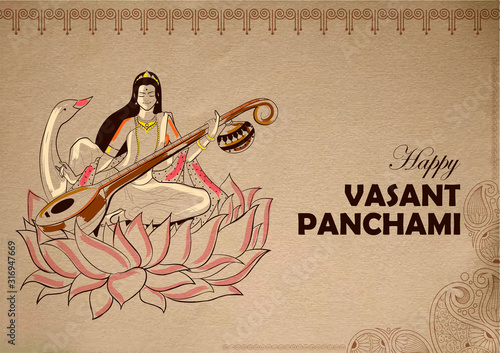 illustration of Goddess of Wisdom Saraswati for Vasant Panchami India festival background