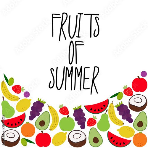 Hand drawn healthy foods background as doodle of summer fruits and lettering  vector illustration