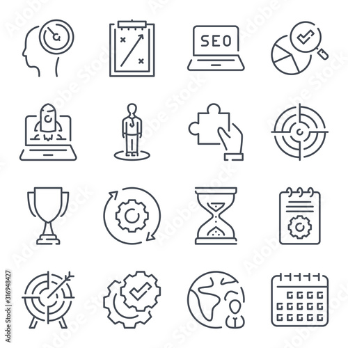 SEO monitoring and development elated line icon set. Launch of the project and startup service vector linear icons.