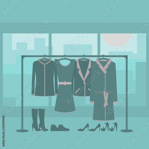 Women's clothes hanging on hangers in a room with shoes. Set of silhouettes. Inside of showroom or store against the background of urban houses with a view from the window. Vector illustration.