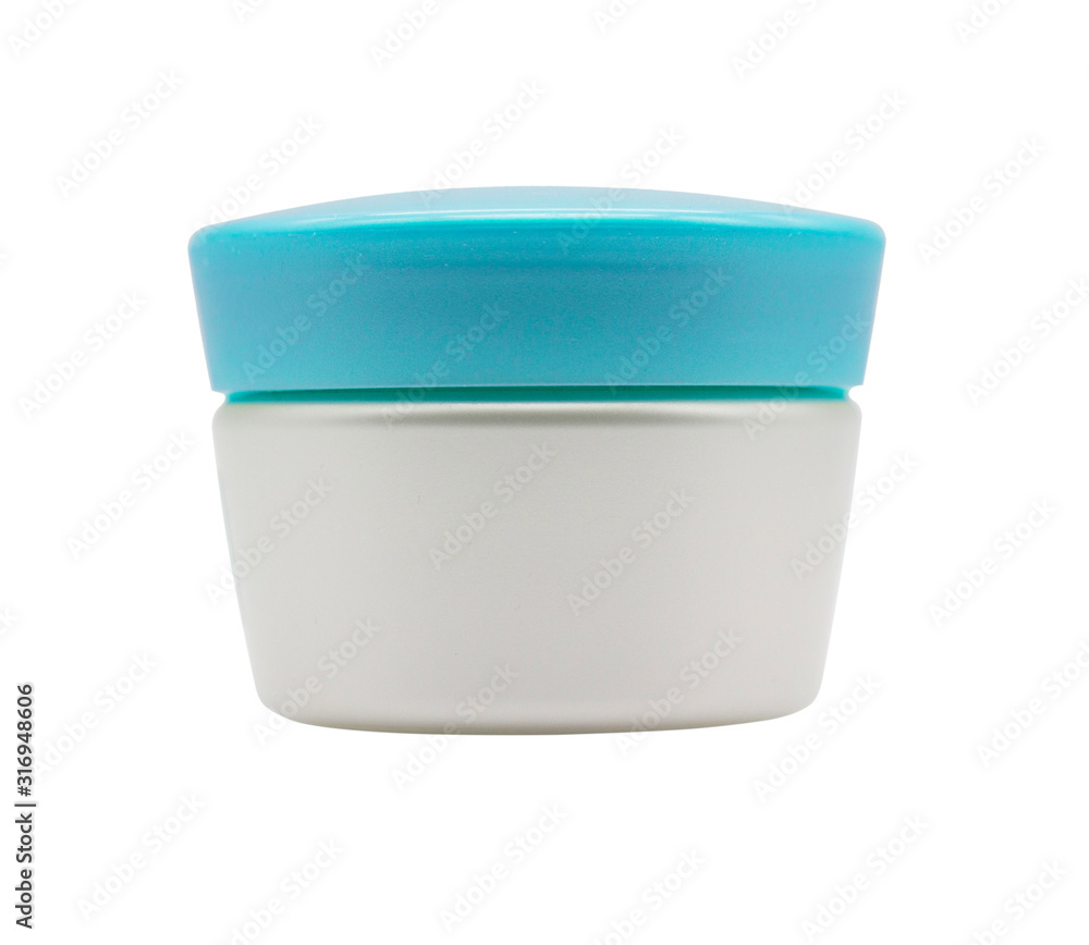 plastic jar for cosmetic cream, gel or powder, with a blue cover. isolated on white plastic jar for cosmetic cream, gel or powder, with a blue cover. isolated on white
