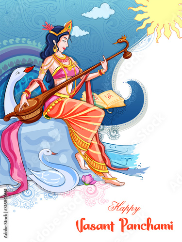 illustration of Goddess of Wisdom Saraswati for Vasant Panchami India festival background