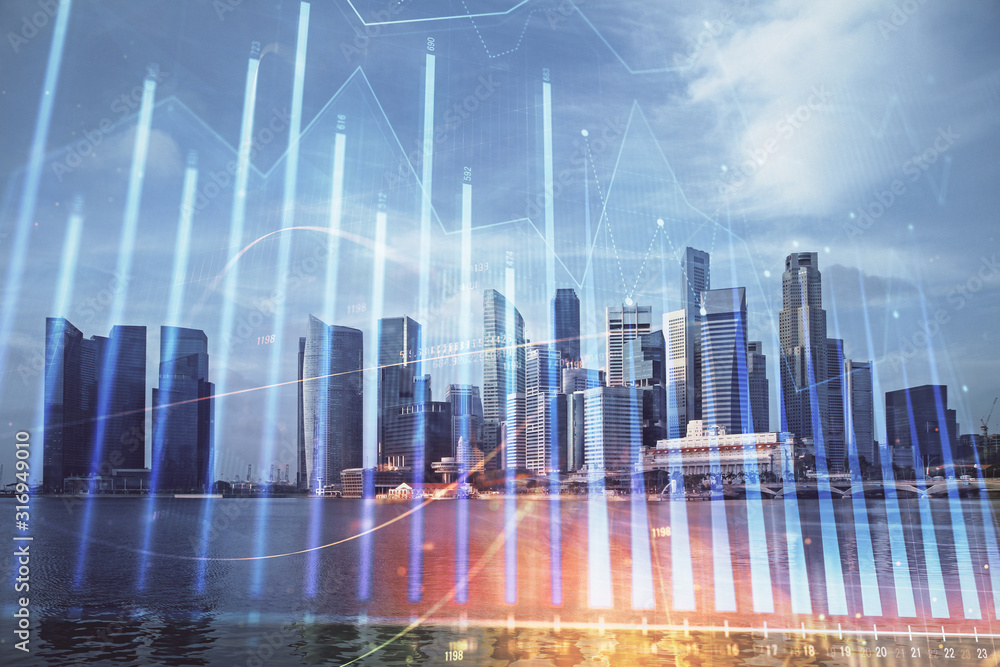 Forex chart on cityscape with tall buildings background multi exposure. Financial research concept. Forex chart on cityscape with tall buildings background multi exposure. Financial research concept.