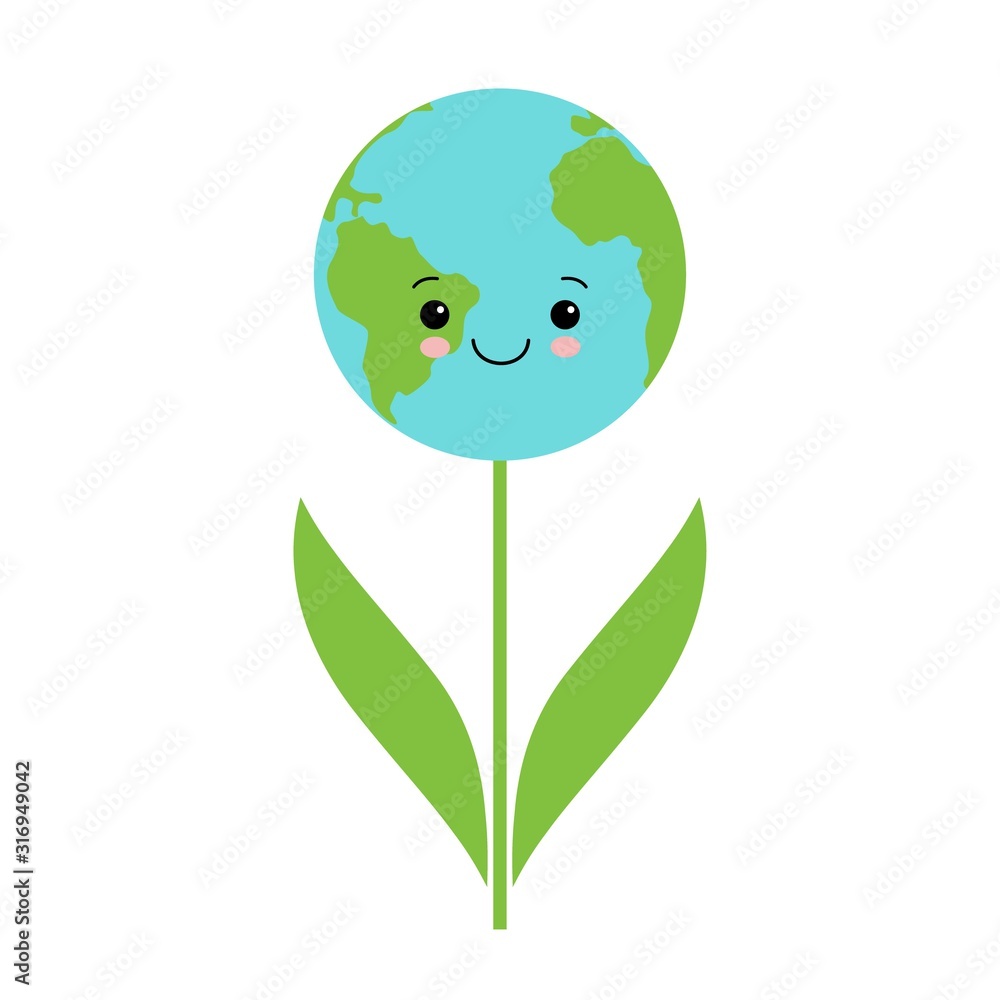 Green leafs and globe Eco icon, mockup save planet logo. Cute kawaii earth Green leafs and globe Eco icon, mockup save planet logo. Cute kawaii earth