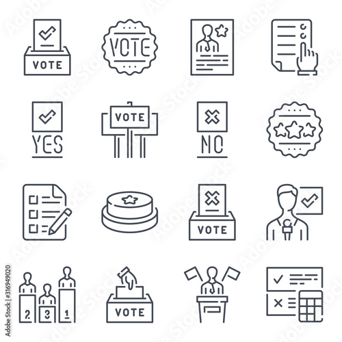 Vote and Election related line icon set. Voting linear vector illustration collection. Politic elections outline icons.