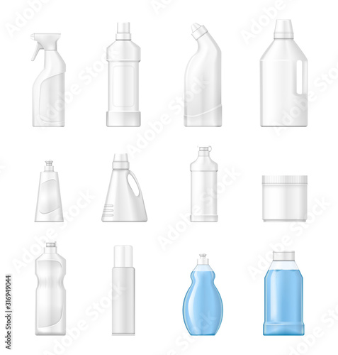 House cleaning plastic products realistic mockup set vector isolated. Cleaning products for home  household. Plastic bottles differents shapes template for household chemicals bleach  spray  gel