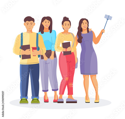 Group best friends, young woman smiling take a selfie. Couple of girlfriends meeting go shopping, are talking, take a joint selfie on the phone. Cartoon vector illustration