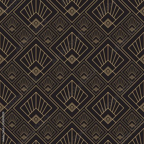 Gold pattern. Linear geometric Art Deco bricks. 20s retro style. Luxury seamless pattern. Packaging or menu design. Vector. Golden tiles.