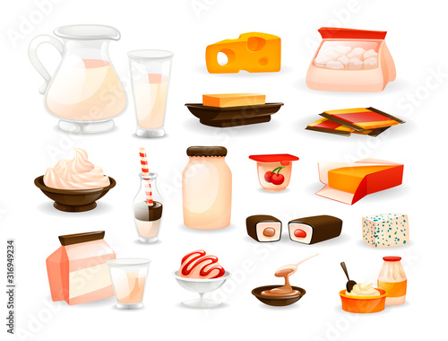Dairy natural nutrition products set. Natural food glassware bottle with milkshake, fresh milk in glass jug, blue dutch cheese, yogurt, cottage cheese, ice cream, boiled condensed milk, butter vector