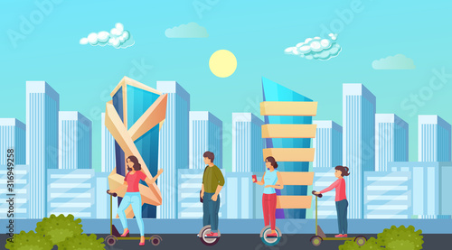 People riding kick scooter and gyroscooter in city with high buildings, skyscrapers. People family together kids relax in city park active lifestyle sports vector illustration