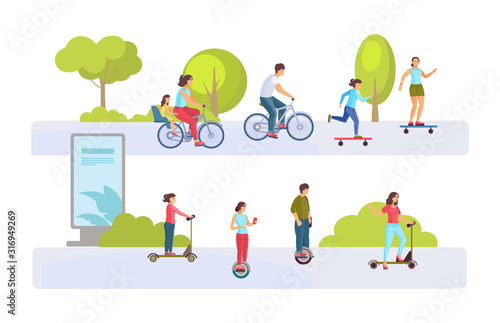 People riding kick scooter, gyro scooter, bicycle, skateboard. People family together kids relax in city park active lifestyle sports vector illustration