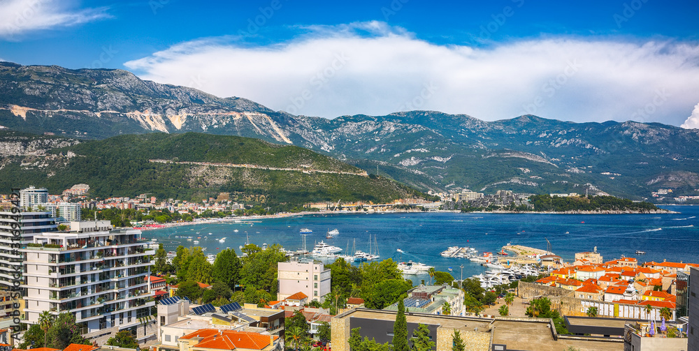 Panoramic summer view of Adriatic sea coast and Budva city