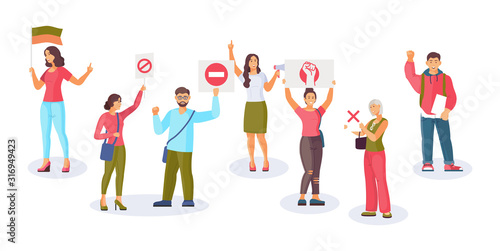 Protesting group people. Crowd of protesting people demonstration, are holding placards on strike or demonstration. Men and women take part in the rally, political meeting. Vector illustration