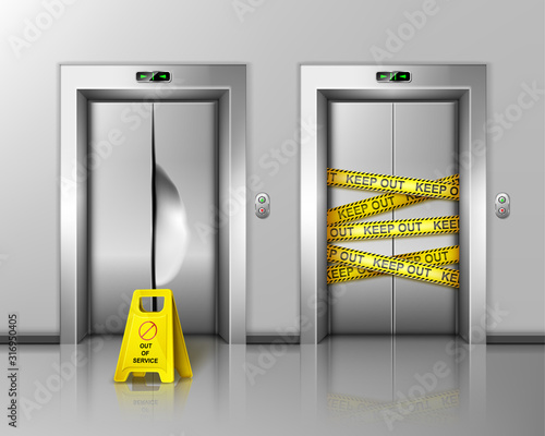 Broken elevators closed for repair or maintenance. Caution sign stand near lift damaged doors with dent, chrome metal doorway gate wrapped with warning yellow stripe, realistic 3d vector Illustration