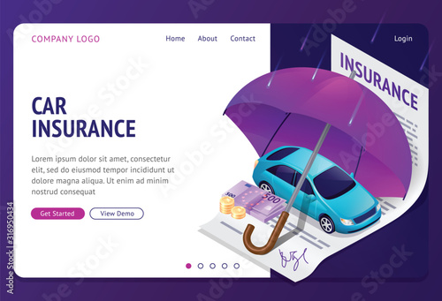 Car insurance isometric landing page, modern sedan auto stand under umbrella on paper policy document with money stack, automobile safety service, financial protection company, 3d vector web banner