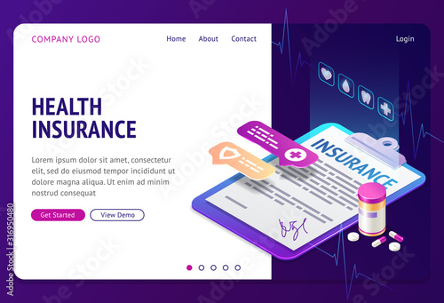 Health insurance isometric landing page. Policy document form lying on tablet for paper with pills bottle nearby. Medical protection for life guarantee, investment. 3d vector illustration, web banner