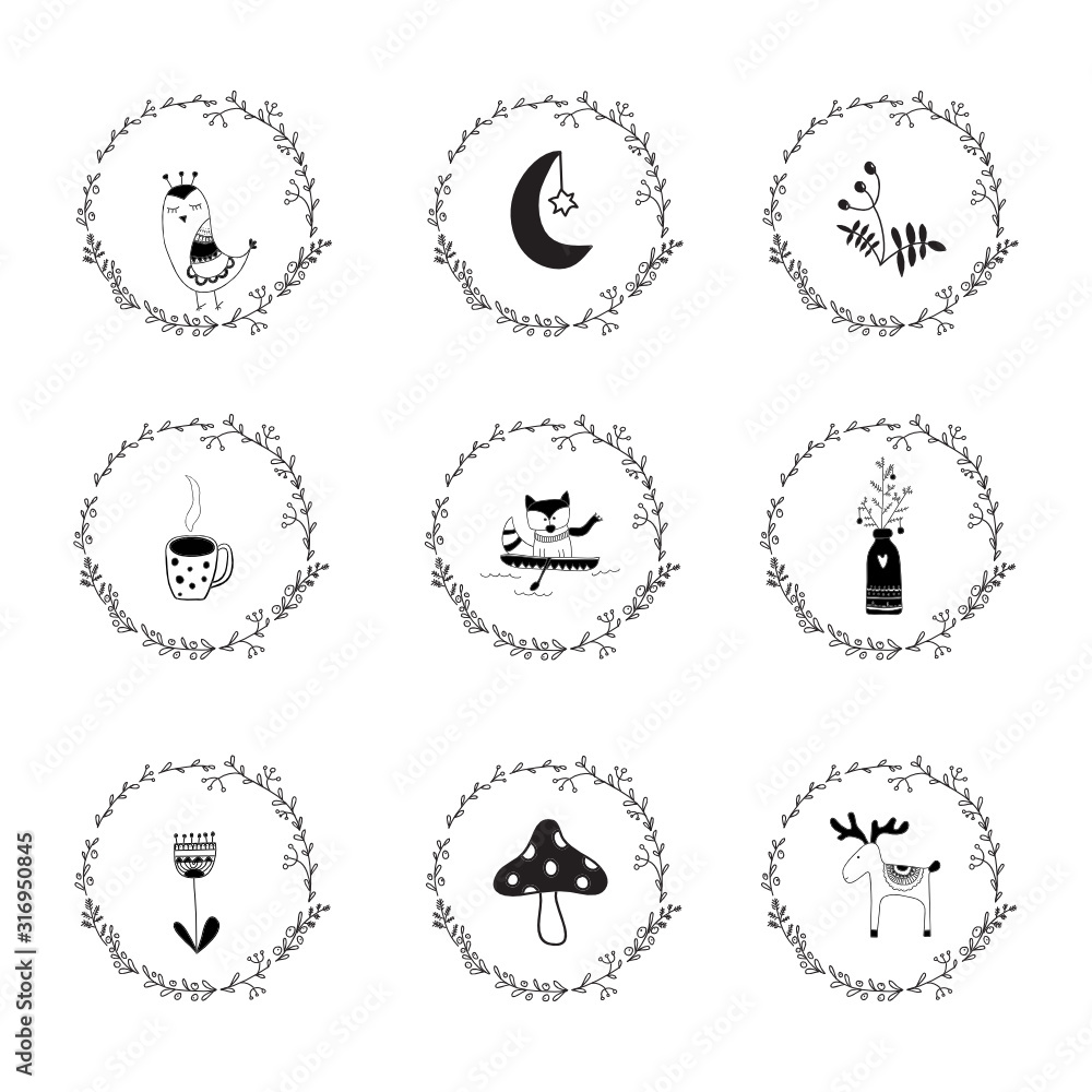 Hand drawn vector wreath. Cute doodle floral wreath frame set. Woodland