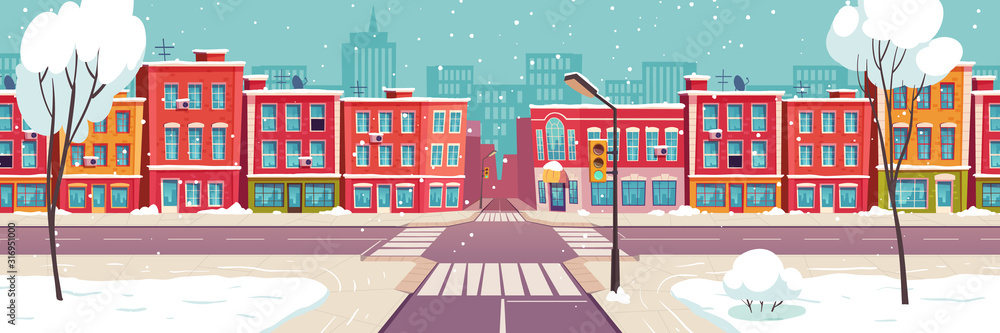 Winter city street with road and houses. Snowy urban landscape. Vector cartoon snowfall in town, illustration for Christmas or New Year card, winter holidays