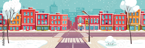 Winter city street with road and houses. Snowy urban landscape. Vector cartoon snowfall in town, illustration for Christmas or New Year card, winter holidays