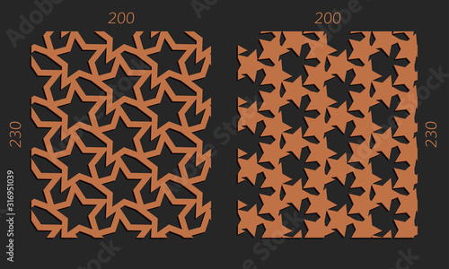 Laser cutting set. Woodcut vector trellis panels. Plywood lasercut design. Hexagonal seamless patterns for printing, engraving, paper cut. Stencil lattice ornaments.