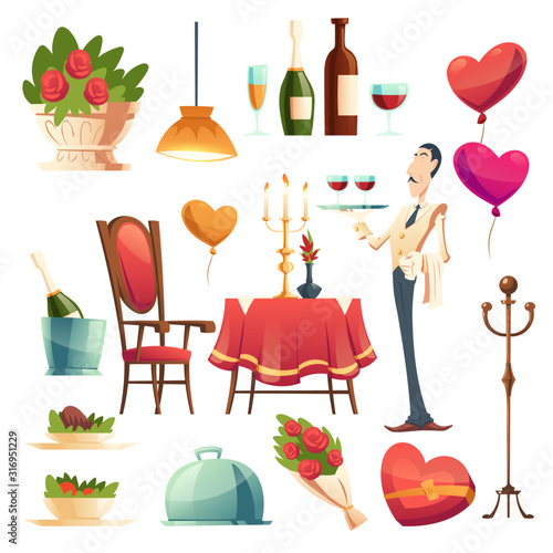 Romantic dinner in Valentines day for couple. Vector cartoon set of restaurant furniture, flowers, wine bottles, candles on table and waiter isolated on white background
