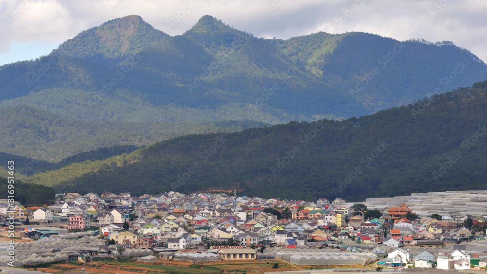 City landscape with big mountain in  bird eye view at Dalat city in vietnam.