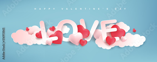 Valentine's day of craft paper design with text love pink hearts and clouds .love Invitation card Valentine's day.