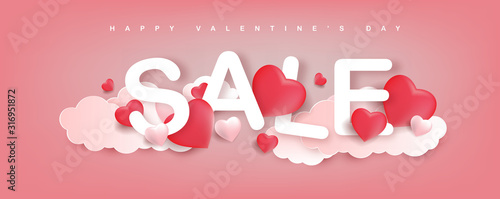 Valentine's day of craft paper design with text SALE pink hearts and clouds .SALE banner Valentine's day.