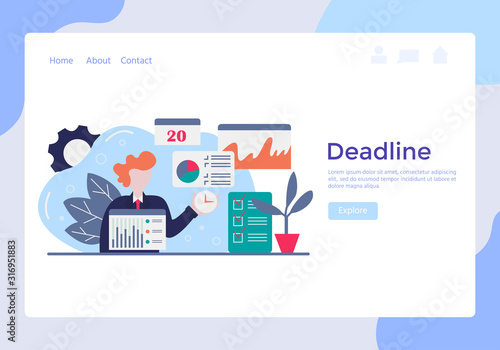 Vector concept of work time management with character, alarm clock, business task planning, schedule checkpoints, planner. Illustration can be used for web banner, infographics, presentations