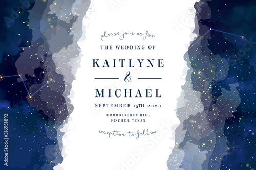 Magic night dark blue sky with sparkling stars vector wedding invite